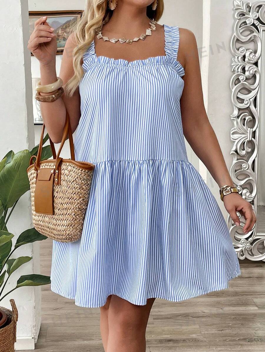 SHEIN Clasi Vestido casual de vacaciones sin mangas a rayas talla grande - Azul - Ver 1