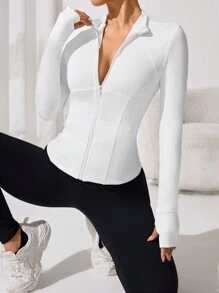 Women's Solid Color Long Sleeve Zip Front Casual Sports Jacket - White - View 2