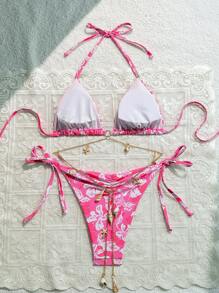 Soleia Ensembles de bikini avec chaîne en métal à motif floral et décor de coquillage en forme de V, pour la Saint-Valentin, maillots de bain pour femmes, tenues de vacances, tenues de plage, tenues de Mardi Gras pour les vacances d'été à la plage - Multicolore - Voir 2
