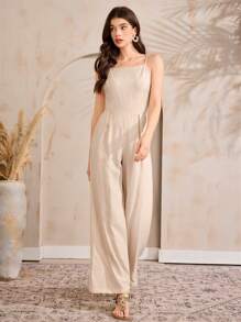 Mulvari 贝壳刺绣蝙蝠袖上衣连体裤女款两件套 - 杏色 - 查看 6