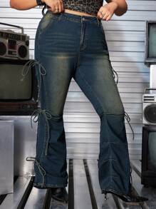 ROMWE Grunge Punk Y2K Retro Distressed Bowknot Ruched High Stretch Plus Size Flare Leg Jeans - Blue - View 4