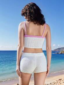 SHEIN Unity Women's White Contrast Color Knit Camisole, Sexy Knit Top,Hand-Crocheted - White - View 2
