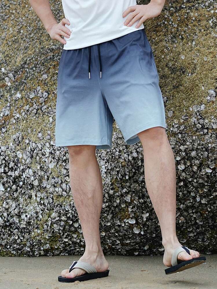 Men's Ombre Color Drawstring Waist Casual Shorts, Summer