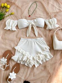 Soleia Bộ 2 món đồ nữ thanh lịch, áo croptop trễ vai và quần short xếp ly, thích hợp cho kỳ nghỉ biển, trang phục mùa xuân hè cho nữ, phong cách lễ hội âm nhạc phương Tây, boho, nghỉ lễ. - trắng - Xem 3