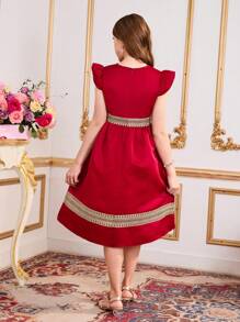 2pcs/Set Tween Girls Cap Sleeve Satin Dress With Gold Lace Trim & Matching Bag, Style For Spring & Summer,Holiday Summer Travel - Burgundy - View 2