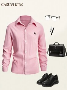SHEIN Camicia casual versatile in rosa adatta per ragazzi pre-adolescenti, con design di polsini regolabili, adatta per varie occasioni, vita universitaria e uso quotidiano