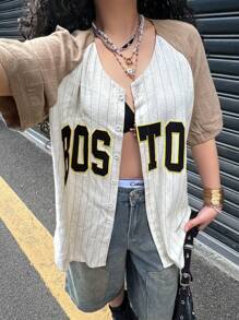 SHEIN EZwear Women's Spring And Summer For Festival Going Out Streetwear Vintage Letter Striped Graphics V-Neck Blouses