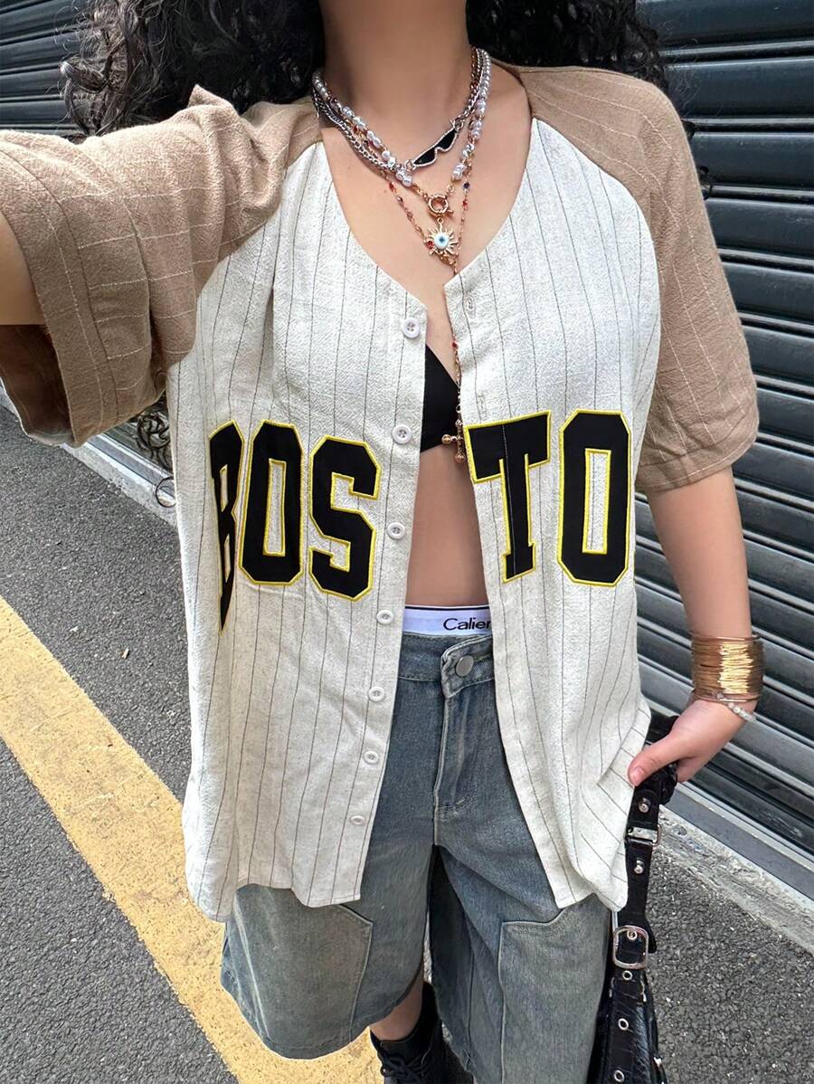 SHEIN EZwear Women's Spring And Summer For Festival Going Out Streetwear Vintage Letter Striped Graphics V-Neck Blouses