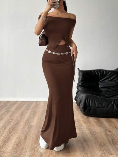 SHEIN EZwear Stylish Chocolate Brown Two-Piece Set: Asymmetrical Off-Shoulder Top And Long Mermaid Skirt For Women,Vacation Outfits Woman