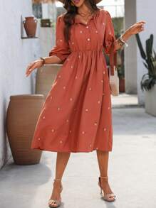 EMERY ROSE Women's Daisy Embroidery Lantern Sleeve Loose Casual Mid-Length Dress - Red - View 3