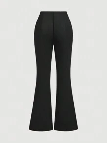 SHEIN Privé Women's Black Minimalist High-Waisted Micro Flared Trousers, V-Shaped Notched Waist Head Design, Slim And Versatile Trousers,Black Stretch Trousers,Elegant/Commuter/Casual - Black - View 4