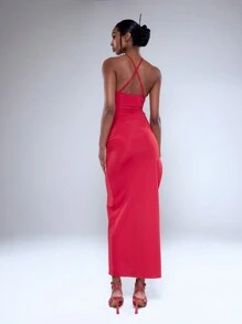 MUSERA 紧身扭纹细节褶皱长裙优雅春夏度假派对 - 紅色 - 查看 3