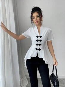 Elenzga 女式 2024 新款不对称下摆休闲衬衫，正面采用手工纽扣设计 - 白色 - 查看 8