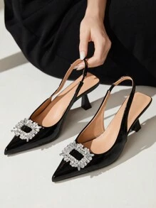 CUCCOO CHICEST 女士水钻扣尖头露跟小猫高跟鞋，优雅舒适的一脚蹬封闭式尖头派对礼服高跟鞋，适合秋冬季，黑色中跟鞋