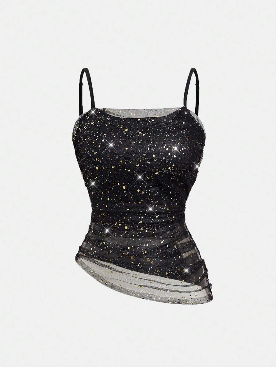 SHEIN Clasi Women's Minimalist Net Yarn Metallic Print Spaghetti Strap Camisole Top, Casual Daily Wear