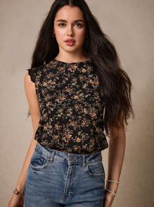 Poéselle Floral Print Lace Panel Blouse Summer Tops Vacation Clothes - Black - View 2