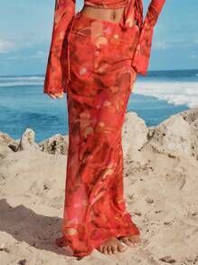 Opulessa 女士印花薄纱宽松罩衫半身裙（仅含半身裙），休闲沙滩装，适合夏季海滩度假、薄纱披肩、节日、音乐节、乡村音乐会等场合 - 紅色 - 查看 6