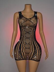 女士性感内衣连衣裙露背水钻渔网交叉条纹透明连衣裙 - 黑色 - 查看 7