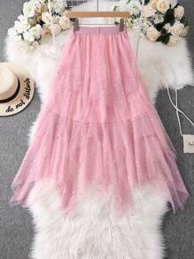 SHEIN Unity Plus Size Romantic Shiny Sequin Mesh Fluffy Skirt, Spring/Summer - Pink - View 2