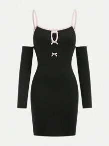SHEIN Teen Girls' Elegant Colorblock Bowknot Decor Hollow-Out Strappy Dress With Sleeve Cuff - Black - View 2