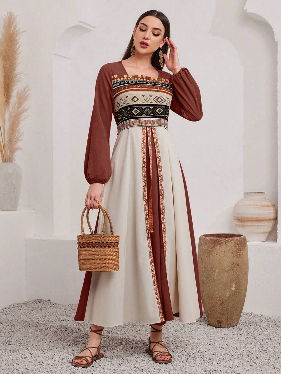 Al Najma 女式几何印花方领灯笼袖阿拉伯连衣裙，端庄 - 棕色 - 查看 1