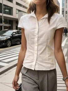 INAWLY Casual Versatile Solid Color Short Sleeve Shirt - White - View 1