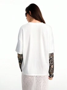 Coolane Women's Couple Same Style Y2K Cargo Knit Camo Tree Branch Pattern Two Fake Pieces Long Sleeve Over Size T-Shirt - White - View 2