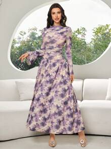 Modelyn Women's Batik Printing Round Neck Long Sleeve Pleated Ruffle Hem Elegant Dress
