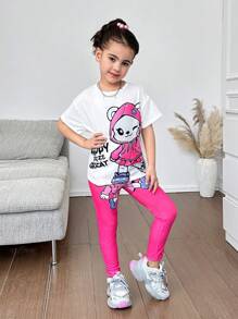 Set de 2 piezas: Camiseta de cuello redondo con patrón de gato lindo y pantalones ajustados para niñas jóvenes