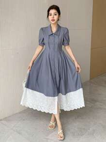 DAZY Vestido camisero de mujer midi con mangas abullonadas y bloques de color para usar al aire libre