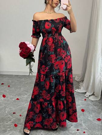 Rafferiza 露肩系腰分层下摆编织玫瑰印花连衣裙，度假休闲，春夏