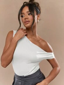 MISSGUIDED 垂墜單肩緊身連身衣 優雅晚宴針織貼身派對夜店休閒約會百搭無袖不對稱領口按扣開合 - 白色 - 查看 3