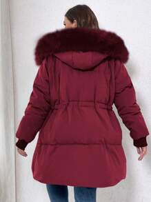 Calvaya Plus Size Solid Color Drawstring Waist Faux Fur Hooded Winter Jacket - Red - View 2