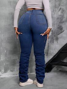 Slaydiva Celana Jeans Wanita Ukuran Besar Warna Gradien Ombre Pinggang Tinggi Elastis - Biru - View 2