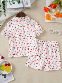 2pcs Baby Girls Red & White Color Block Printed Short Sleeve Crop Top And Shorts Set, Home Outfit