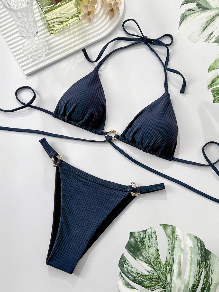 SHEIN Swim Conjunto de bikini con tela sólida y tiras metálicas en triángulo, estilo playa, para vacaciones de verano - Azul Marino - Ver 1