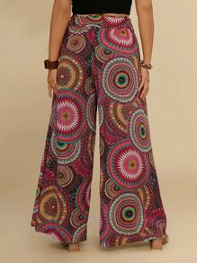 Travachic Boho Plus Size Holiday Casual Summer Beach Loose Red-Brown Print Belted Maxi Pants Women Wide Leg Trousers - Multicolor - View 2