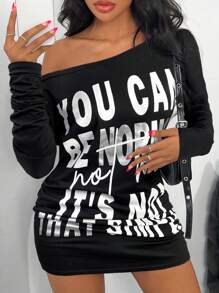 SHEIN SXY Vintage Y2K Midriff-Flashing Letter Print Asymmetric Shoulder Sexy Mini Dress