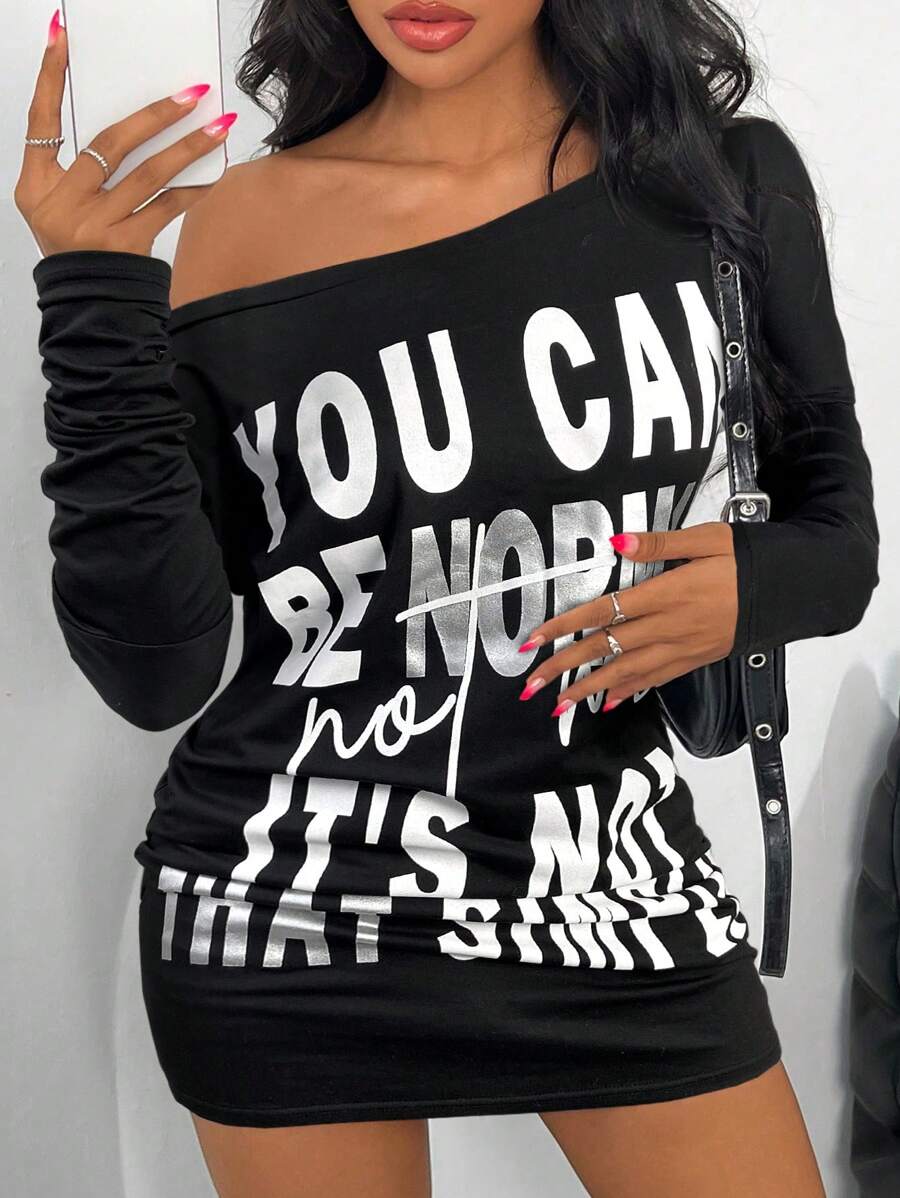 SHEIN SXY Vintage Y2K Midriff-Flashing Letter Print Asymmetric Shoulder Sexy Mini Dress
