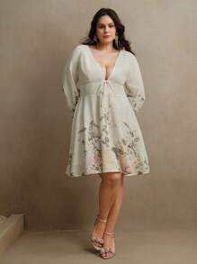 Anewsta Deep V Neck Lantern Sleeve Linen Look Print Dress, Suitable For Spring, Valentine's Day, Date Night - Multicolor - View 7