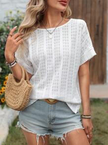 SHEIN LUNE Women Casual Textured Patchwork Lace Trim Criss-Cross Hollow Back Short Sleeve T-Shirt