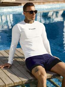 Manfinity Swimmode 2pcs Men Letter Print Long Sleeve Shirt & Shorts Swimsuit Set Men Swim Trunks, Rashguard Men, Long Sleeve Swim Shirt, Swim Shirt For Men, Surf Shirt, Men S Long Sleeve Summer T Shirts Good Quality Tshirt - White - View 3