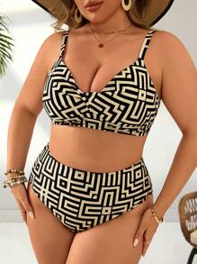 Swim Lushoire Plus Size Summer Beach Vacation Geometric Print Twist Design Swimwear Bikini Set