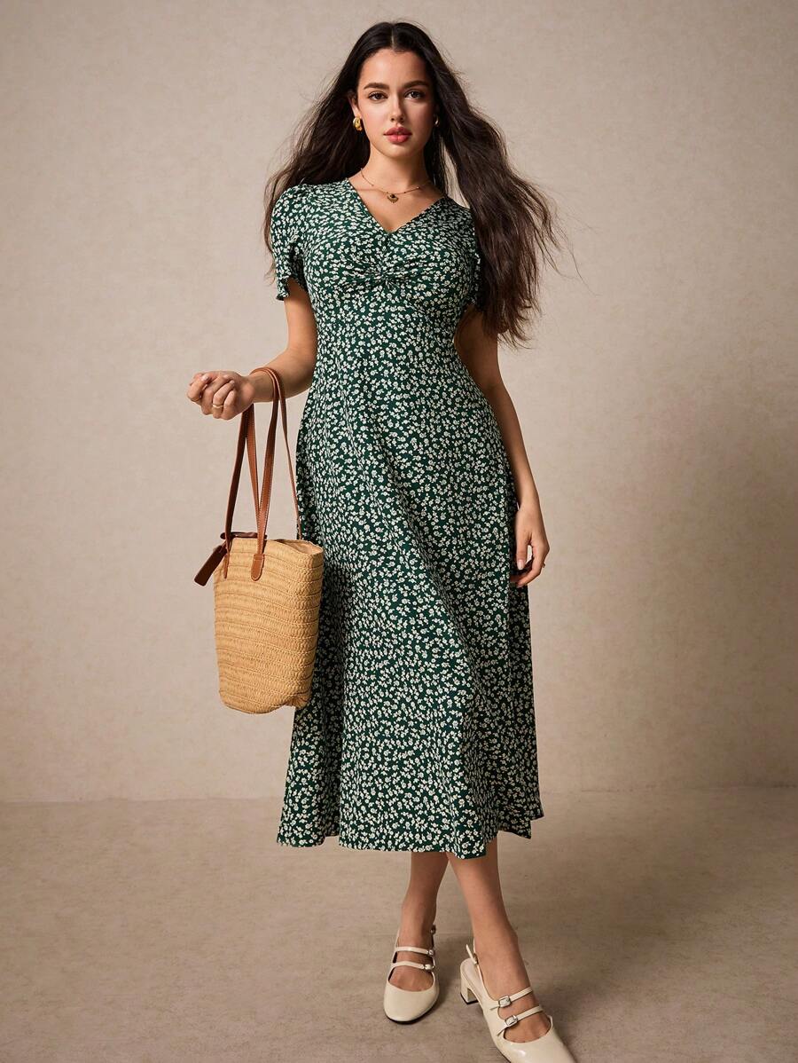 Poéselle 碎花蝴蝶袖洋裝 - 綠色 - 查看 1