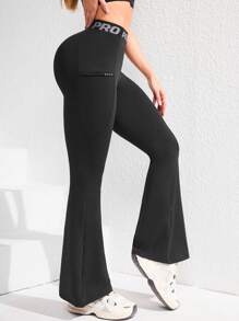 Easithlete Women's Letter Webbing Pocket Yoga Flare Pants, Sports Leggings