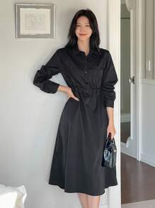 DAZY 设计领收腰轻盈长裙衬衫裙秋季连衣裙长袖连衣裙