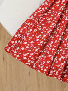 SHEIN Young Girls' Vacation Casual Ditsy Floral Embroidery Puff Sleeve Shirt + Ruffle Hem Mini Skirt 2 Pieces Set