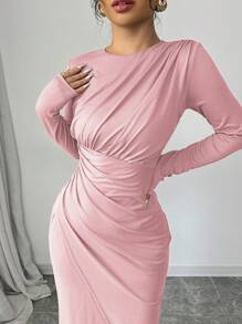 Elenzga Vestido Mídi Elegante de Trabalho e Transporte Feminino, Cor Sólida, Decote Redondo, Gola Dobrada, Manga Longa, Modelo Ajustado, Primavera/Outono/Inverno - Rosa chiclete - Visão 7