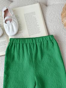 SHEIN LMoss Kids Ensemble de 3 pièces pour bébé fille : veste tricotée mignonne à manches longues, débardeur unicolore et pantalon long - Vert - Voir 6