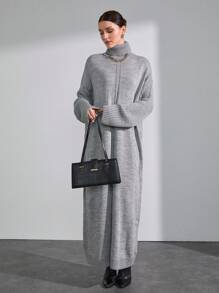 CLARA VERO 女式高领蝙蝠袖套衫长款针织连衣裙 - 淺灰色 - 查看 5